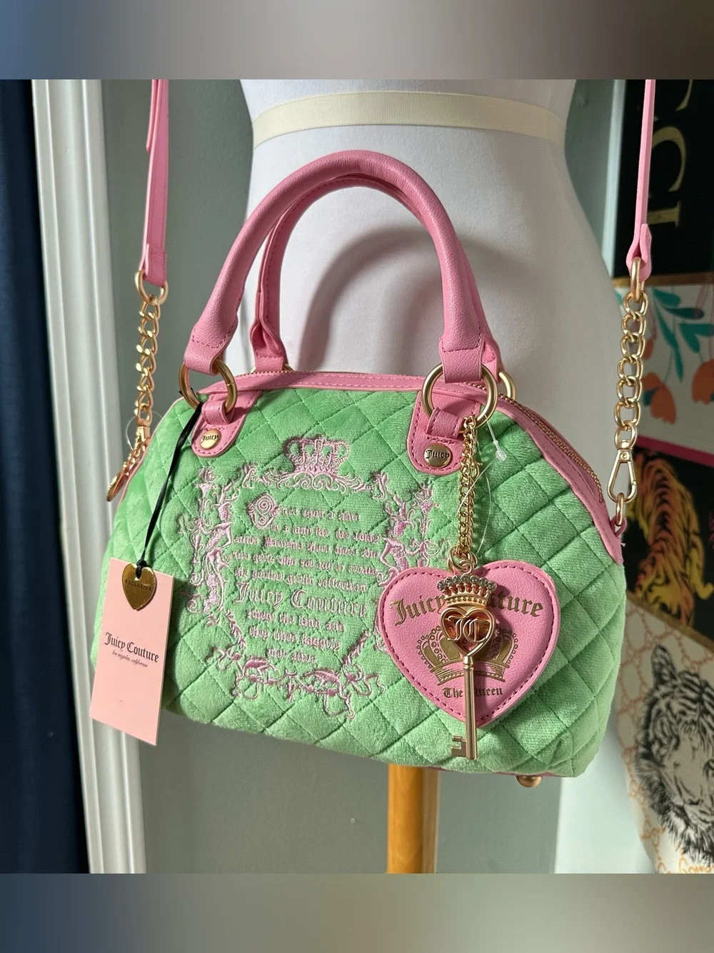 NWT Juicy Tale Juicy Couture Pink & Mint Green Quilted Satchel Crossbody Y2K Bag